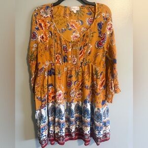 Altar'd State Mustard Yellow Floral Multicolor Bohemian Bell Sleeve Dress Med